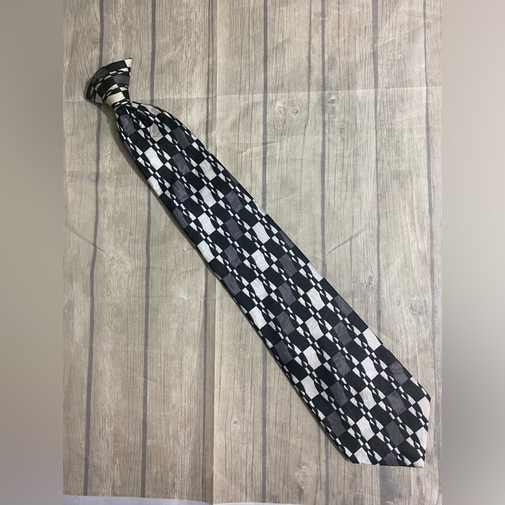 Mens Clip On 19” Long Neck Tie Black Silver Ivory Geometrical Squares Suit Tie